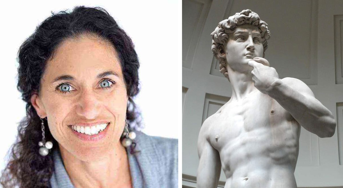 Teacher shows images of Michelangelo's David to her pupils she is