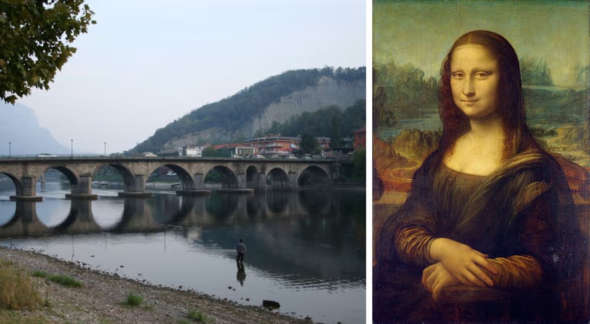Het detail van een brug onthult waar Leonardo da Vinci de Mona Lisa