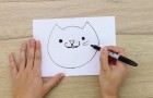 Rita en katt på ett ark som viks på mitten: när du öppnar det kommer du att skratta!