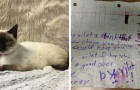 La niña no puede más tener a su gatita y deja una tarjeta a quien la adoptará: 