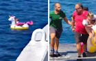 Ein kleines Mädchen wird auf seinem aufblasbaren Einhorn auf den See gezogen: von einer Fähre gerettet