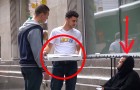 Den hemlösa mannen får en pizza, se vad han gör med den!