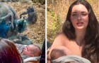 De gorilla ziet een nieuwe moeder en haar pasgeboren baby: ze reageert door haar haar welp door het glas te laten zien