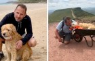 Hij vervoert zijn zieke hond in een kruiwagen voor een laatste excursie voordat hij voor altijd afscheid van hem neemt