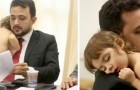 He holds his daughter in his arms during a business meeting: the photo of this caring dad moves the web