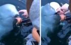 Haar mobiele telefoon valt in het water, maar een beloega geeft hem terug: de video van de scène is surrealistisch