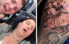 Hij laat een foto van zijn vrouw slapend met haar mond wijd open op zijn dij tatoeëren: 