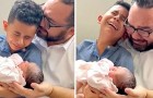 Padre e hijo no logran dejar de llorar mientras tienen en brazo a la bebé recién nacida (+VIDEO)
