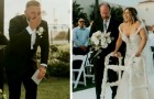 Rollstuhlfahrerin schreitet an ihrem Hochzeitstag mit ihren Beinen zum Altar