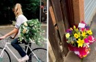 Sie verteilt Blumenbouquets auf der Straße, um die Welt schöner zu machen und Passanten ein Lächeln zu entlocken