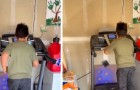 Son runs on the treadmill: to play video games, he has to walk 12,000 steps a day