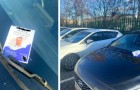 Er verteilt Handzettel mit seinem Lebenslauf an geparkten Autos auf dem Firmenparkplatz: angestellt