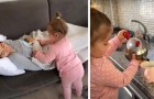 Loving 4-year-old takes care of her sleeping mother: she brings her tea and tucks in her blanket