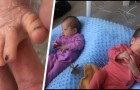Mom puts nail polish on the feet of her twin daughters: 