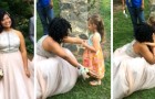 Little girl sees a young woman in a beautiful prom dress: 