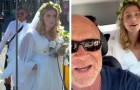 Man sees a bride in the street and helps her: 