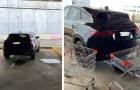 Er parkt so, dass er zwei Plätze gleichzeitig besetzt: Er findet sein Auto von einer Reihe von Einkaufswagen umgeben wieder