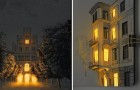 20 creazioni dell'artista che sa illuminare gli edifici disegnati facendoli sembrare reali e abitati