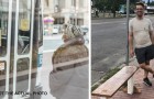Hij ziet een vrouw gedwongen op de grond zitten bij de bushalte: hij maakt een bankje voor haar