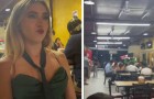 Woman wears an elegant dress to celebrate her first engagement anniversary: her fiancé takes her to a fast food restaurant