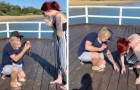 Er macht ihr mit Hilfe ihrer kleinen Tochter einen Heiratsantrag, aber der Ring fällt ins Wasser 