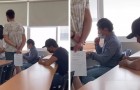 Er lässt seinen Mitschüler beim Test abschreiben, während er ansteht, um abzugeben