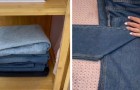 De ruimtebesparende methode om spijkerbroeken te vouwen en netjes op te bergen in de kast of lade