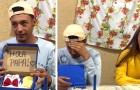 En man öppnar sin födelsedagspresent och upptäcker att han kommer att bli pappa snart och får en chock