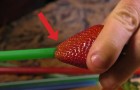 He puts a straw in a strawberry, his trick is useful and tasty !