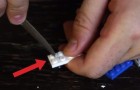 He makes a hole on some old lego pieces and shows you an idea that will make you save time