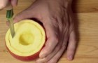 He makes a series of cuts on an apple and creates a warm and delicious dessert ... in just a few minutes!
