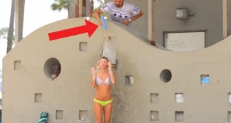 A girl takes a shower at the beach and gets PRANKED!