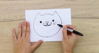 Hij tekent een kat op een gevouwen vel papier, wanneer het wordt geopend komt u niet meer bij!