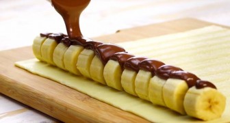 Smördeg fylld med banan och Nutella: en delikatess som är gjord på några minuter