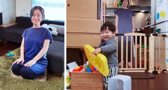 To stop her son from crying, she positions a life-size cardboard figure of herself in the room every time she leaves him alone