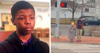 Following his sister's suggestion, this teenage boy helped an elderly woman cross the street 