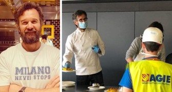 Lo chef stellato Cracco cucina un pasto caldo per chi lavora alla costruzione dell'ospedale di Portello a Milano