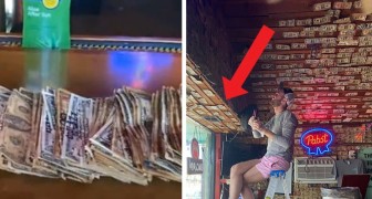 Besitzerin einer Bar nimmt die von Kunden angebrachten Geldscheine von der Wand, um ihr Personal zu bezahlen.