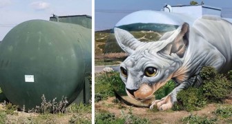 Ein Straßenkünstler hat einen alten Benzintank in eine riesige 3D-Sphynx-Katze verwandelt