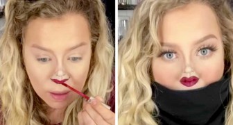 Een meisje maakt kleine lippen op de neus dankzij een make-up handleiding, perfect tijdens deze quarantaine