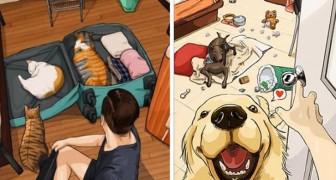I disegni di questo artista illustrano al meglio come cambia la vita quando arriva in casa un animale domestico