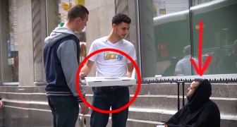 They give a homeless guy a pizza, what happens next is incredible !