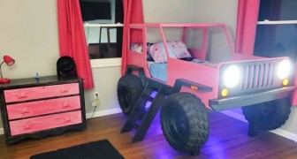 Ein Vater baut mit eigenen Händen ein bezauberndes Bett in Form eines Jeeps für sein Töchterchen