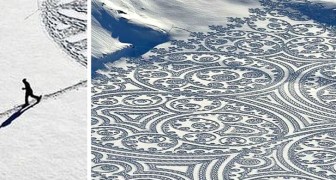 Cet homme marche dans la neige et crée des œuvres gigantesques qui enchantent par leur beauté éphémère