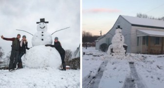 Un vandalo ha provato a buttare giù con l'auto questo pupazzo di neve gigante, ma il pupazzo ne è uscito vincitore