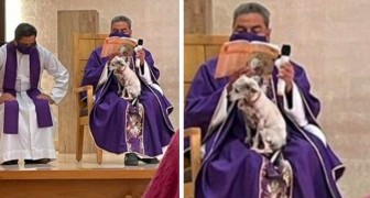 A priest is photographed while reciting mass with a sick dog on his lap: he does not want to leave him alone