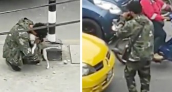 A poor guy hugs his little dog after performing in front of a traffic light: he was heartbroken and desperate