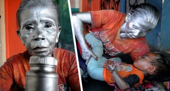 Deze oma moet elke dag als levend standbeeld op straat werken om haar 2-jarige kleinzoon te voeden