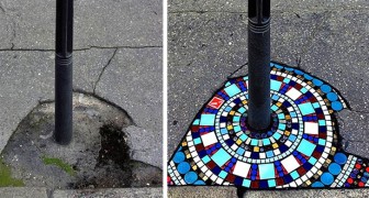 Un artista ripara le buche sui marciapiedi con splendidi mosaici: le sue opere ci regalano un sorriso