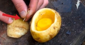 He cracks an egg into a potato... The result is simply delicious!